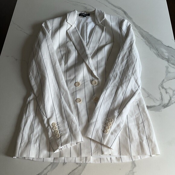 NEW EXPRESS $198 White Black Stripe Linen Blend Double Breasted Blazer Size XS - Picture 12 of 13